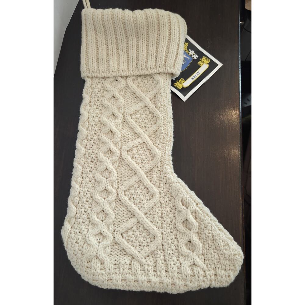 New Kelly Clan Christmas Stocking Ivory Cable Knit Merino Wool